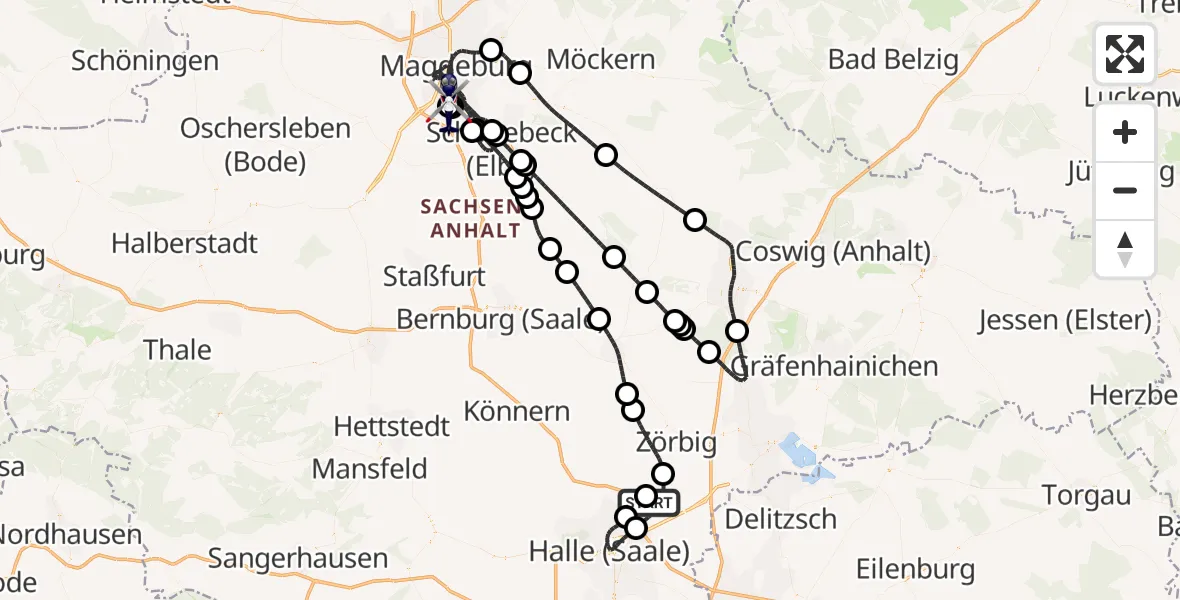 Flugroute Polizeihubschrauber Halle-Oppin Flugplatz - Magdeburg, 20 Juni 2026, 22:24