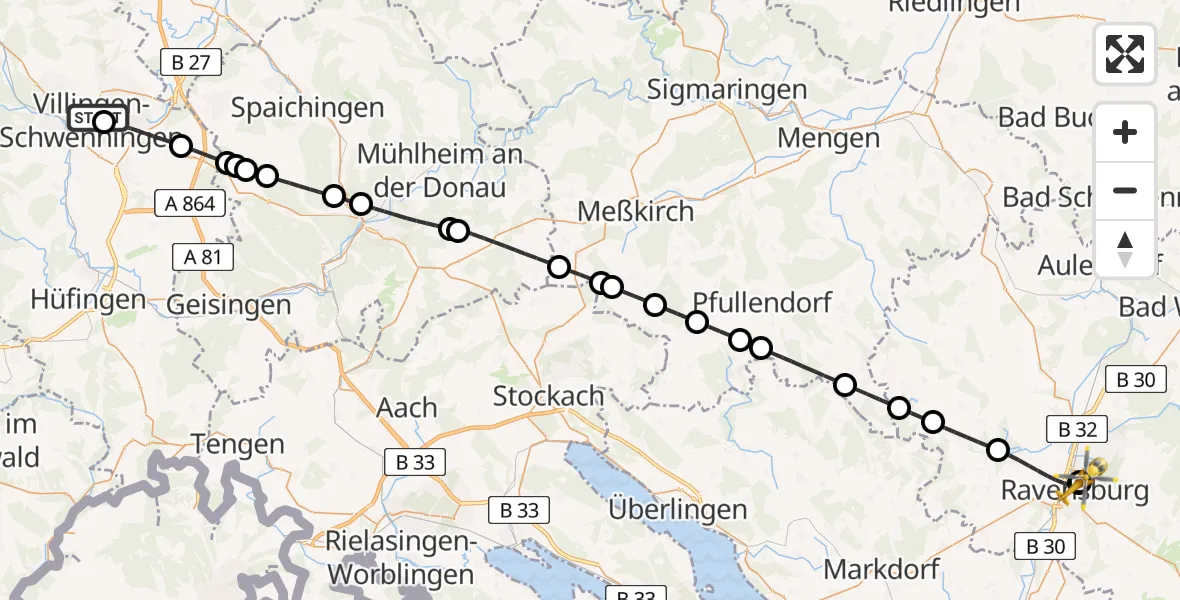 Flugroute Ambulanzhubschrauber DRF Air Rescue Station Villingen-Schwenningen Hubschrauberlandeplatz (Christoph 11) - Sankt Elisabeth Hospital, 20 Juni 2026, 22:43