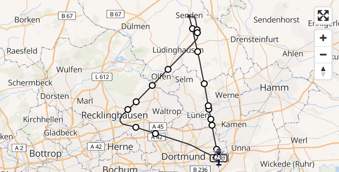 Flugroute Polizeihubschrauber Dortmund Flughafen - Dortmund Flughafen, 20 Juni 2026, 23:25