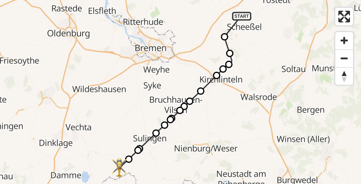 Flugroute Rettungshubschrauber Helvesiek - Wagenfeld, 20 Juni 2026, 23:41