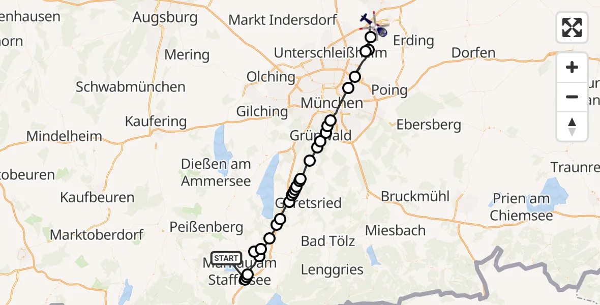 Flugroute Polizeihubschrauber Uffing a.Staffelsee - Hallbergmoos, 20 Juni 2026, 23:42