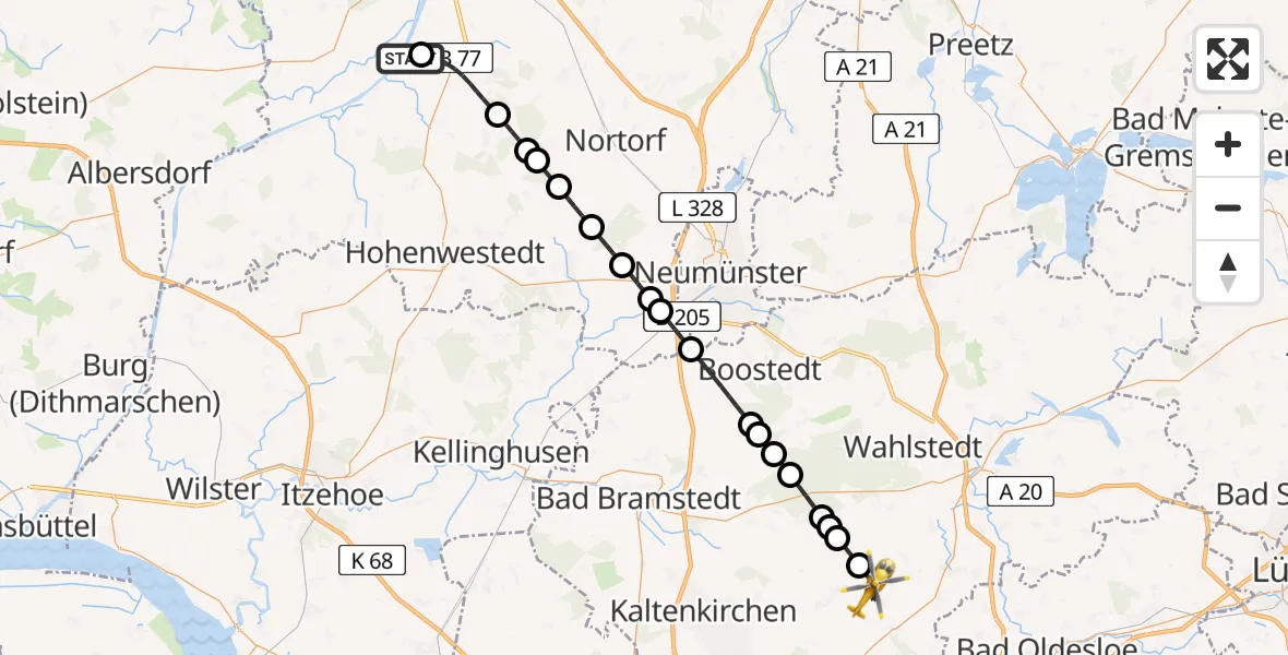 Flugroute Ambulanzhubschrauber Schülp b.Rendsburg - Seth, 21 Juni 2026, 00:20