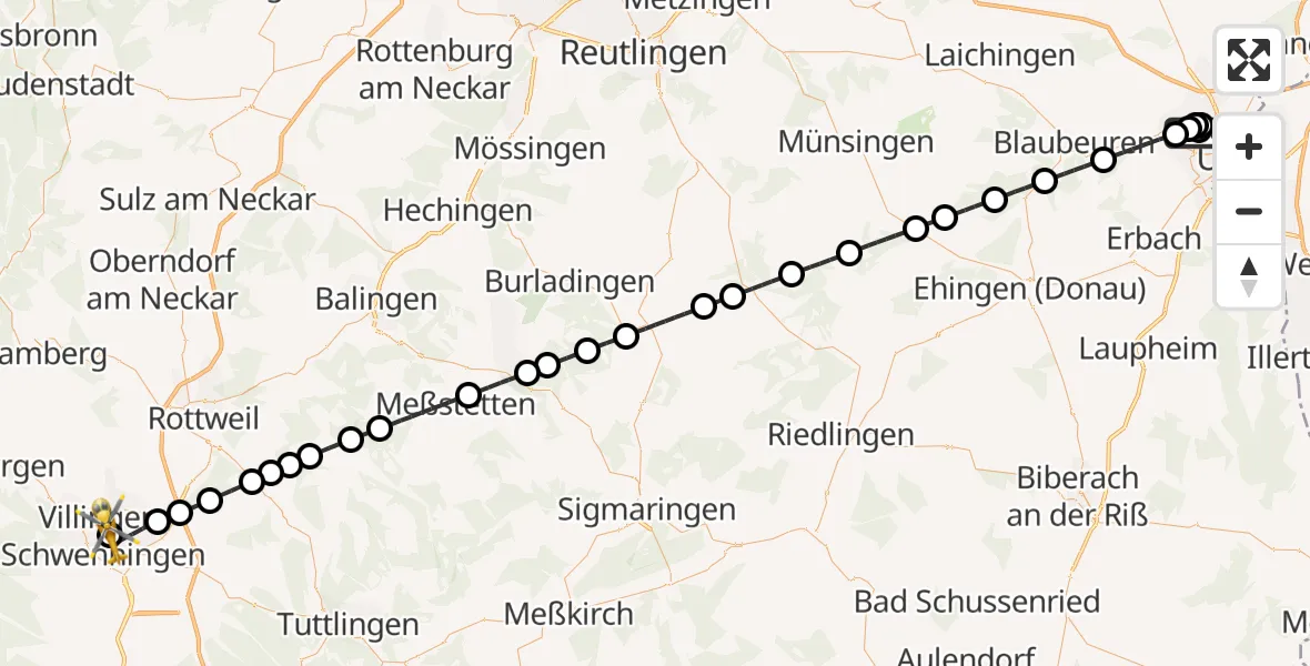 Flugroute Ambulanzhubschrauber Ulm Military Hospital Emergency - DRF Air Rescue Station Villingen-Schwenningen Hubschrauberlandeplatz (Christoph 11), 21 Juni 2026, 00:54