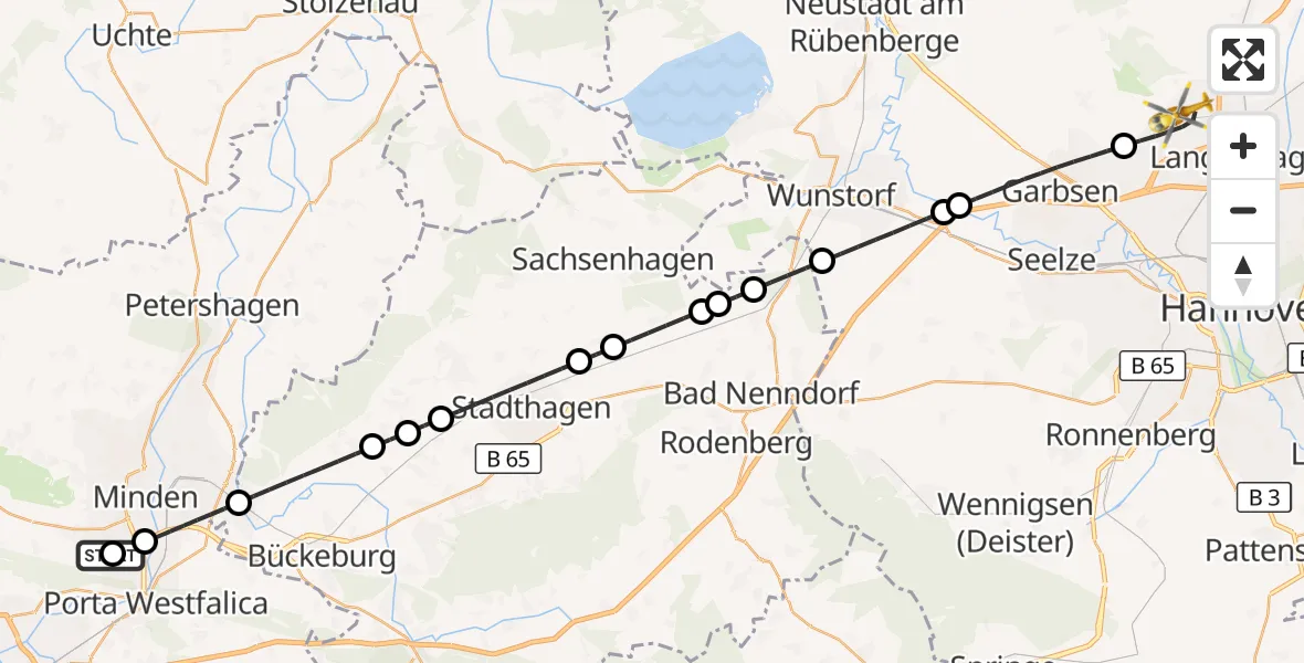 Flugroute Rettungshubschrauber Minden - Flughafen Hannover, 21 Juni 2026, 01:16