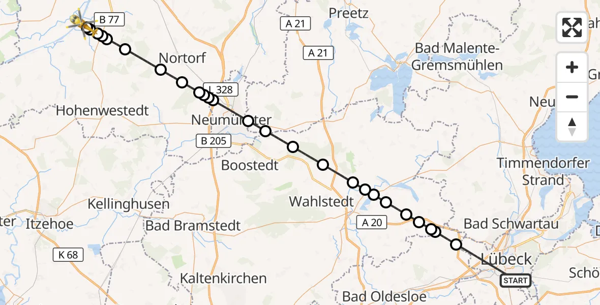 Flugroute Ambulanzhubschrauber Lübeck - Hörsten, 21 Juni 2026, 02:26