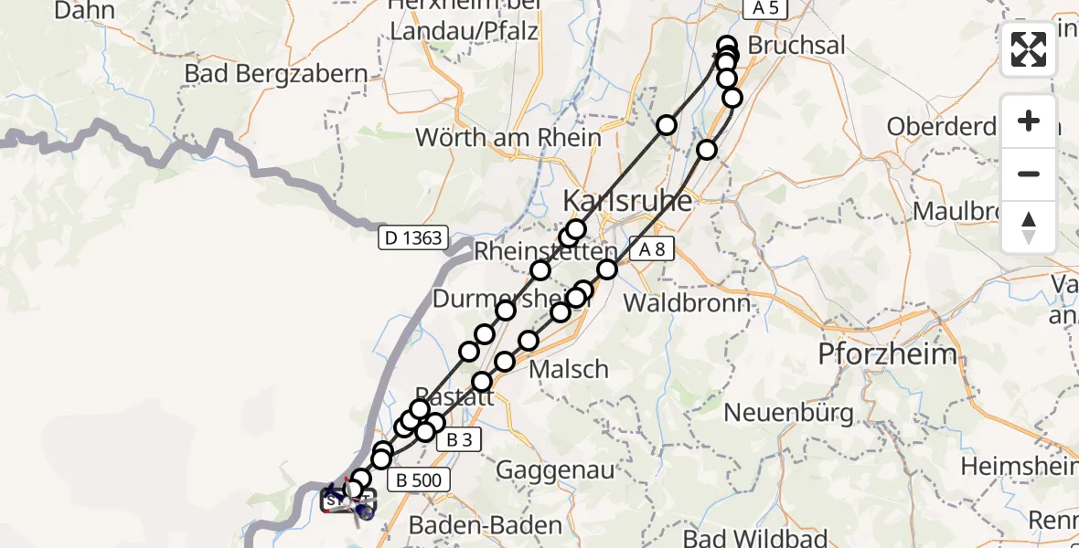 Flugroute Polizeihubschrauber Karlsruhe Baden-Baden Flughafen - Karlsruhe Baden-Baden Flughafen, 21 Juni 2026, 02:33