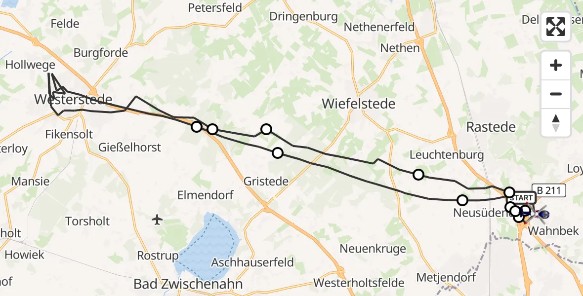 Flugroute Polizeihubschrauber Oldenburg Police Hubschrauberlandeplatz - Rastede, 21 Juni 2026, 03:11
