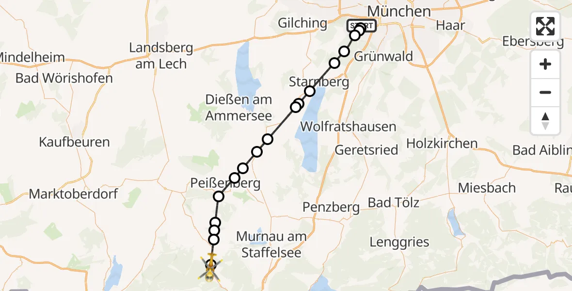 Flugroute Rettungshubschrauber DRF Air Rescue München Hubschrauberlandeplatz - Unterammergau, 21 Juni 2026, 04:25