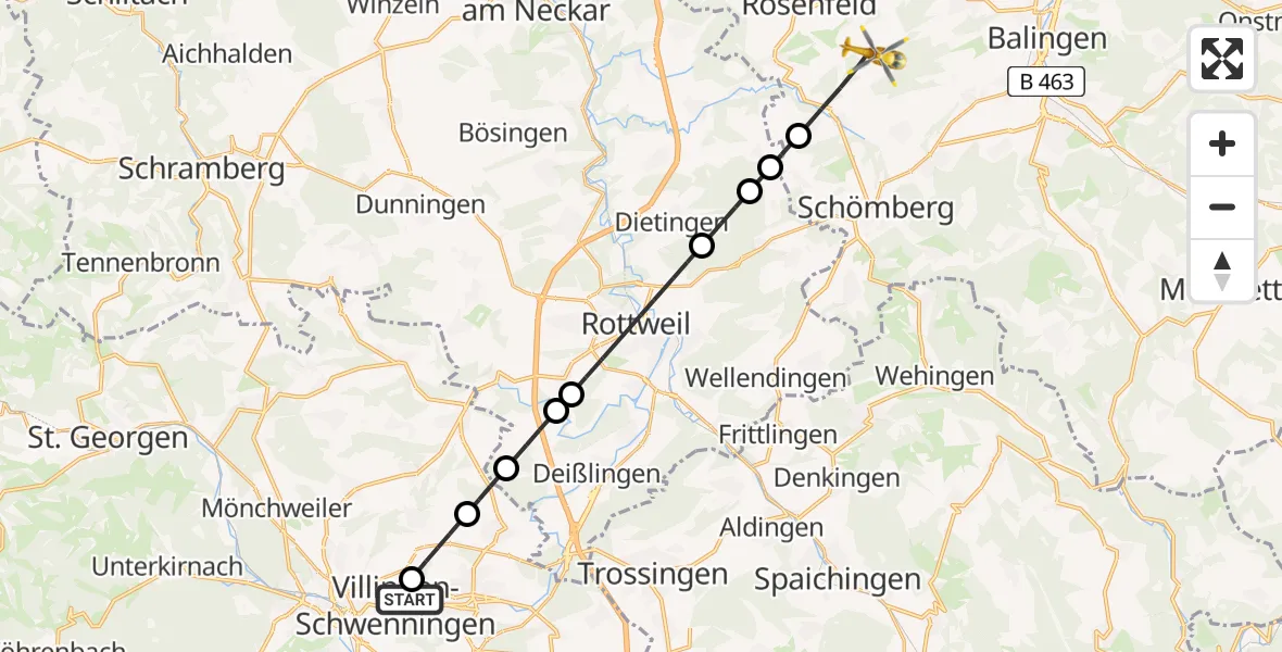 Flugroute Ambulanzhubschrauber DRF Air Rescue Station Villingen-Schwenningen Hubschrauberlandeplatz (Christoph 11) - Rosenfeld, 21 Juni 2026, 04:33