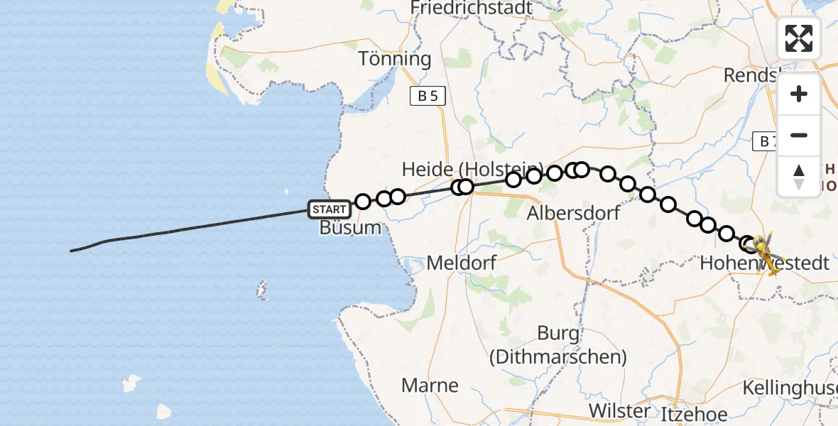 Flugroute Ambulanzhubschrauber Westerdeichstrich - Hohenwestedt, 21 Juni 2026, 05:06