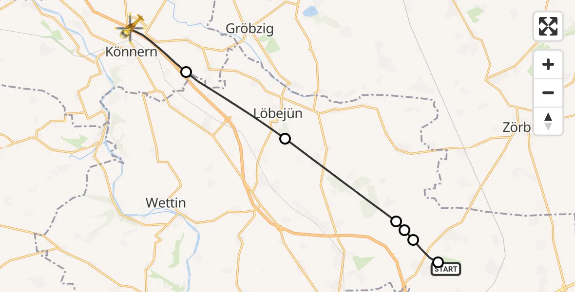 Flugroute Rettungshubschrauber Halle-Oppin Flugplatz - Könnern, 21 Juni 2026, 05:17