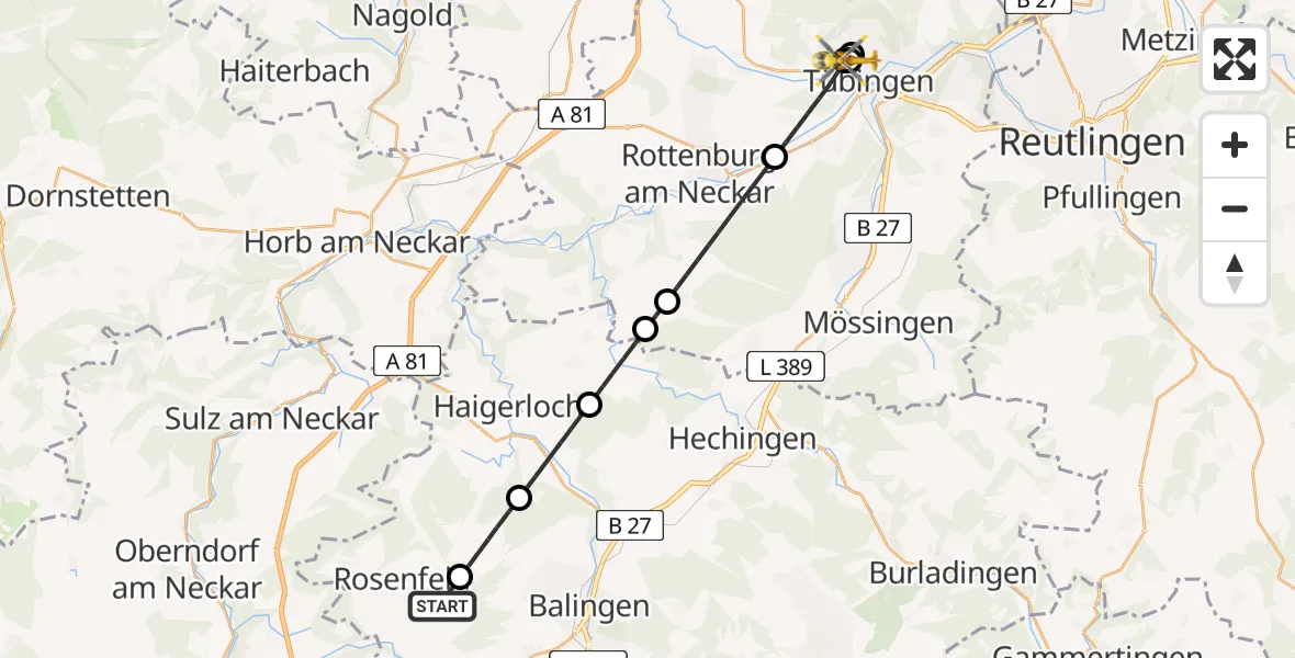 Flugroute Ambulanzhubschrauber Rosenfeld - Tübingen University Hospital, 21 Juni 2026, 05:19