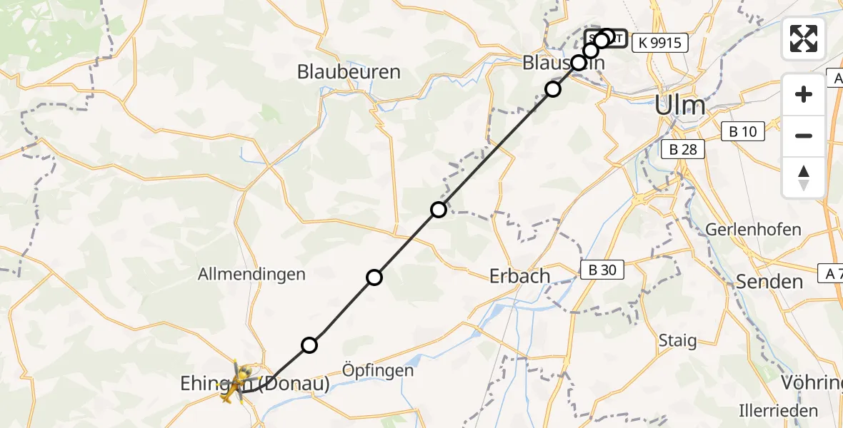 Flugroute Rettungshubschrauber Ulm Military Hospital Emergency - Ehingen (Donau), 21 Juni 2026, 05:22