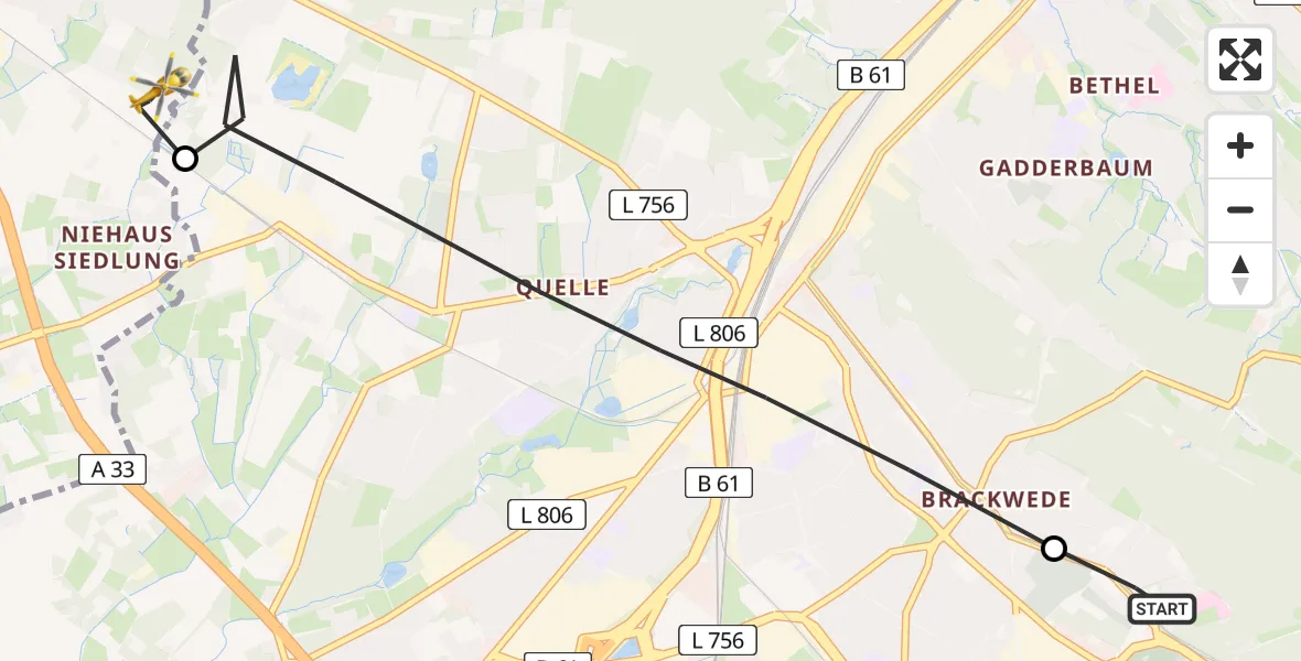 Flugroute Rettungshubschrauber Luftrettungszentrum Bielefeld - Steinhagen, 21 Juni 2026, 05:26