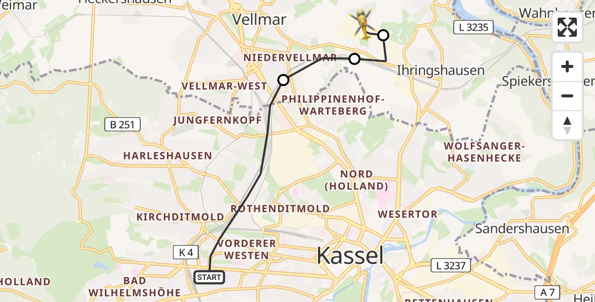 Flugroute Rettungshubschrauber Kassel - Fuldatal Bundespolizei Hubschrauberlandeplatz, 21 Juni 2026, 05:42