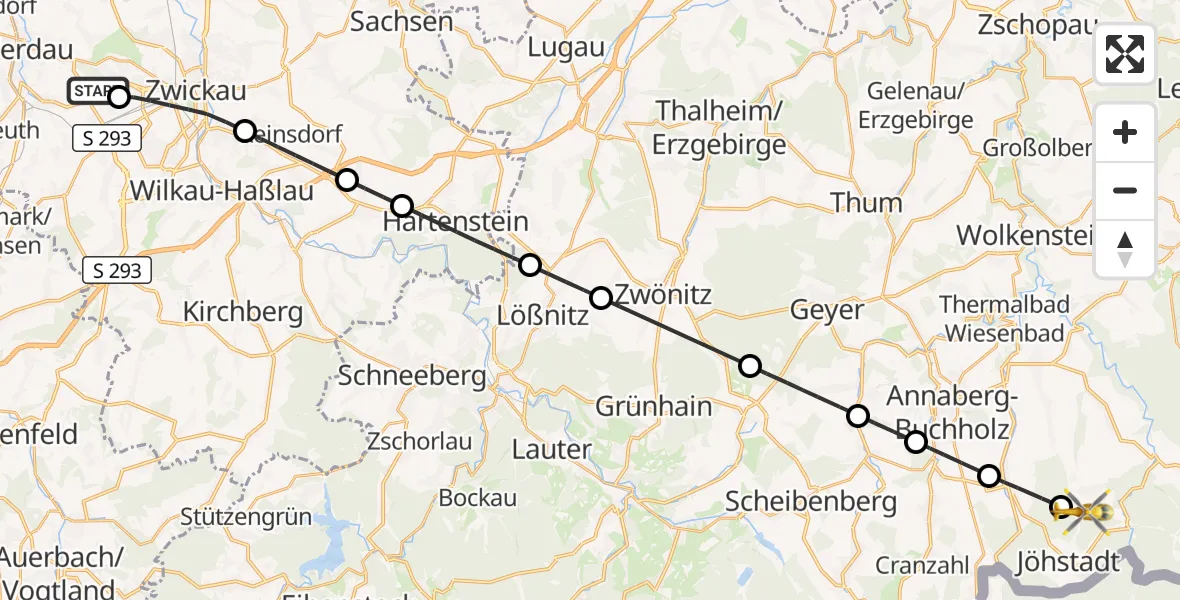 Flugroute Rettungshubschrauber ADAC Air Rescue Station Zwickau Hubschrauberlandeplatz - Jöhstadt, 21 Juni 2026, 05:50
