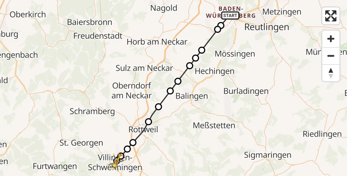 Flugroute Ambulanzhubschrauber Tübingen University Hospital - DRF Air Rescue Station Villingen-Schwenningen Hubschrauberlandeplatz (Christoph 11), 21 Juni 2026, 05:55