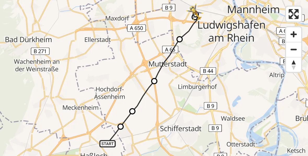 Flugroute Rettungshubschrauber Haßloch - Ludwigshafen Accident Hospital, 21 Juni 2026, 06:05