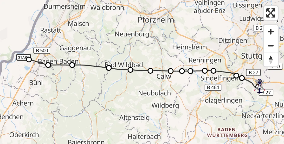 Flugroute Polizeihubschrauber Karlsruhe Baden-Baden Flughafen - Flughafen Stuttgart, 21 Juni 2026, 06:06