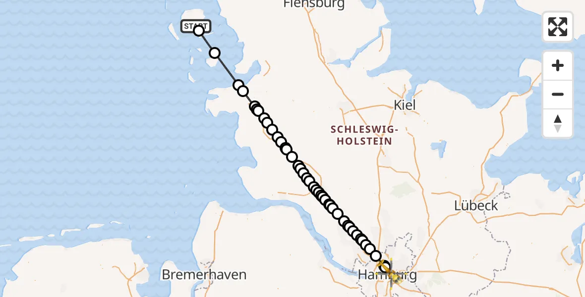 Flugroute Rettungshubschrauber Nieblum - Hamburg, 21 Juni 2026, 06:33