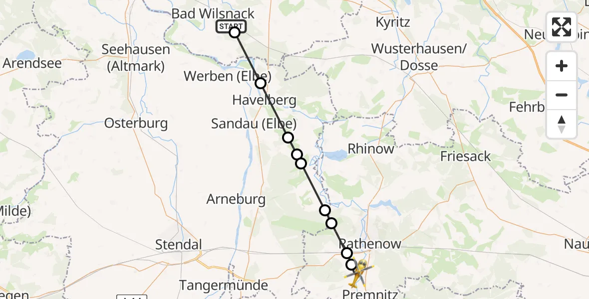 Flugroute Rettungshubschrauber Bad Wilsnack - Rathenow, 21 Juni 2026, 06:36