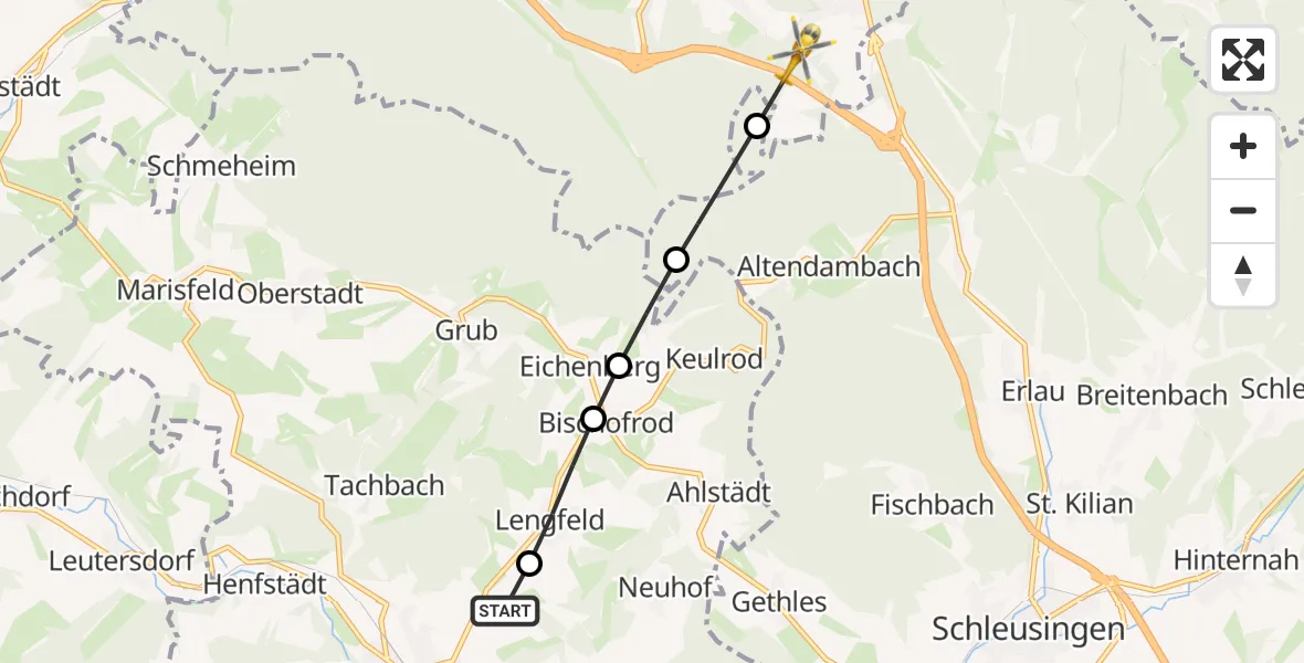 Flugroute Rettungshubschrauber Themar - Suhl, 21 Juni 2026, 06:55