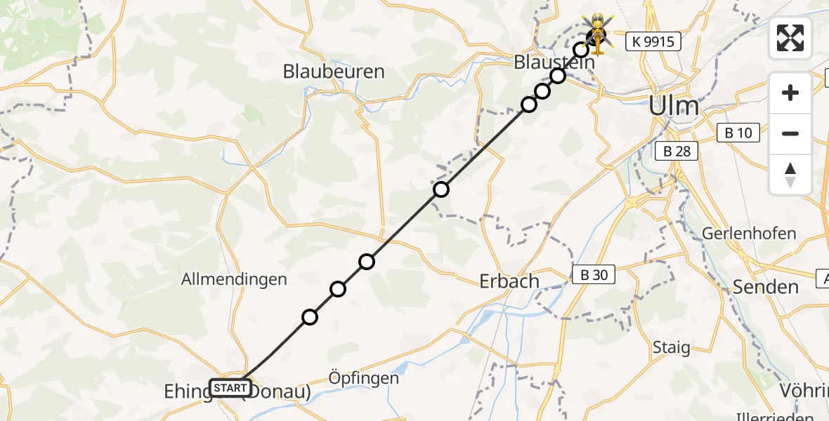 Flugroute Rettungshubschrauber Ehingen (Donau) - ADAC Air Rescue Station Ulm (Christoph 22), 21 Juni 2026, 07:04