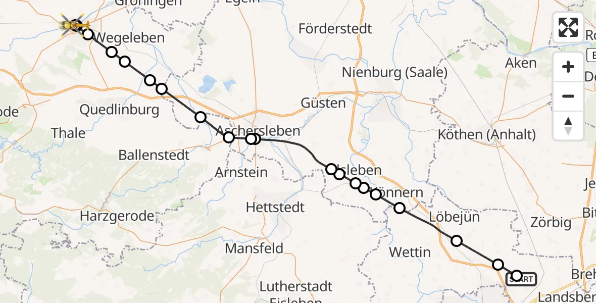Flugroute Rettungshubschrauber Halle-Oppin Flugplatz - AMEOS Hospital Sankt Salvator Halberstadt, 21 Juni 2026, 07:11