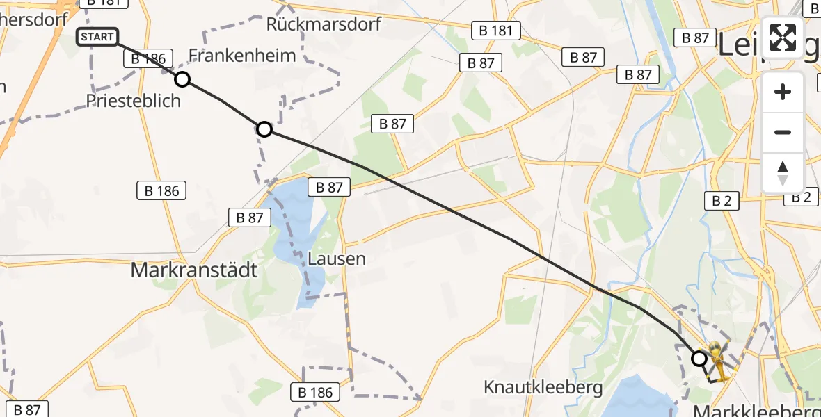 Flugroute Rettungshubschrauber Schkeuditz - Markkleeberg, 21 Juni 2026, 07:13