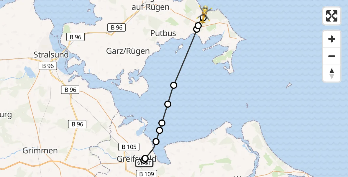 Flugroute Rettungshubschrauber Greifswald Hospital - Binz, 21 Juni 2026, 07:24