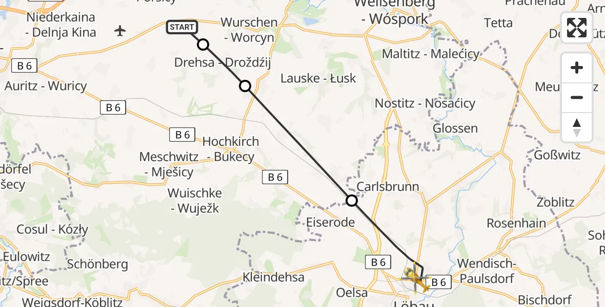 Flugroute Rettungshubschrauber Kubschütz - Löbau, 21 Juni 2026, 07:34