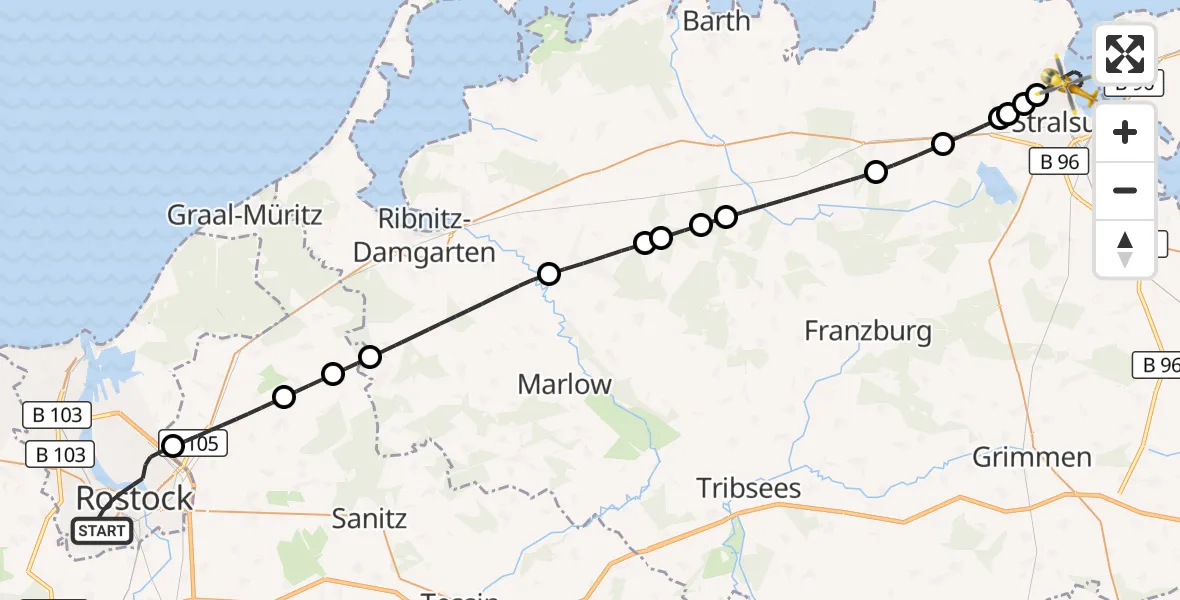 Flugroute Rettungshubschrauber Rostock - Stralsund, 21 Juni 2026, 07:37