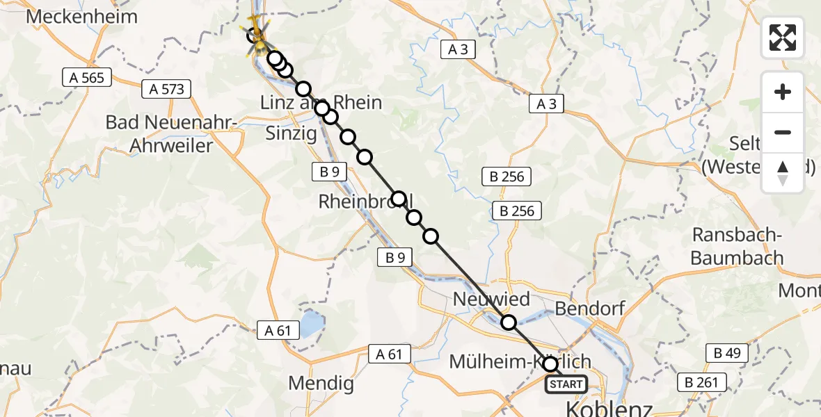 Flugroute Rettungshubschrauber Koblenz - Remagen, 21 Juni 2026, 07:37