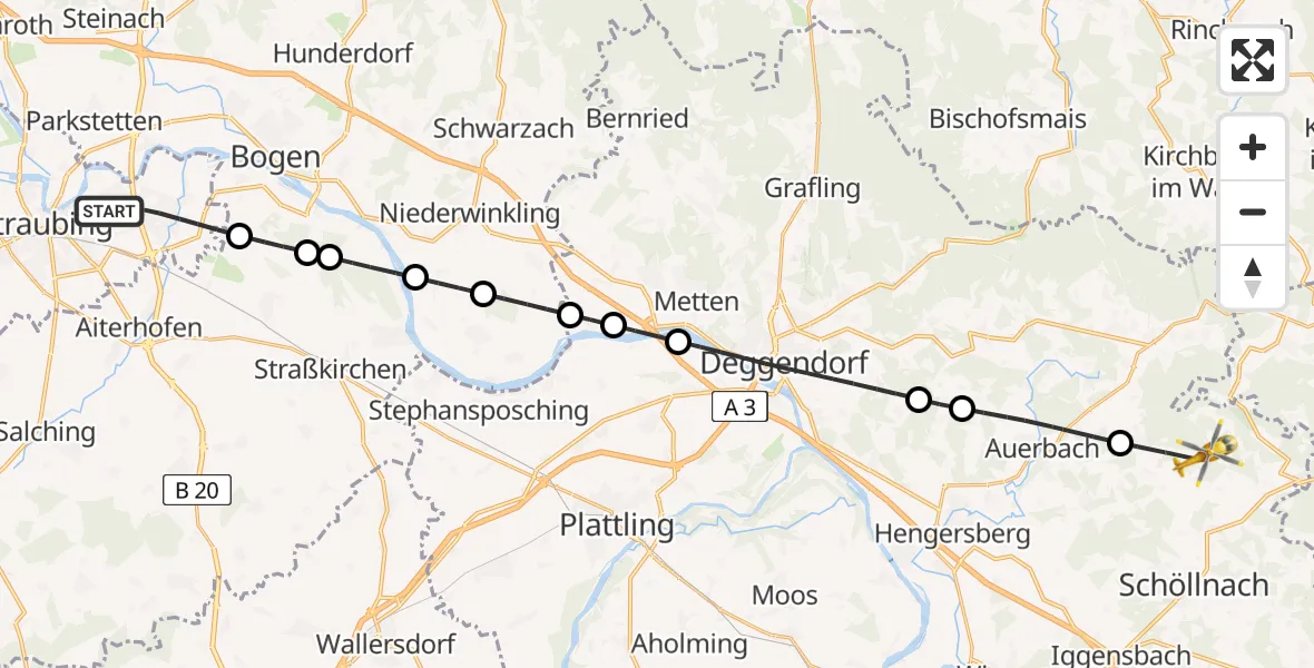 Flugroute Rettungshubschrauber Straubing - Grattersdorf, 21 Juni 2026, 07:44