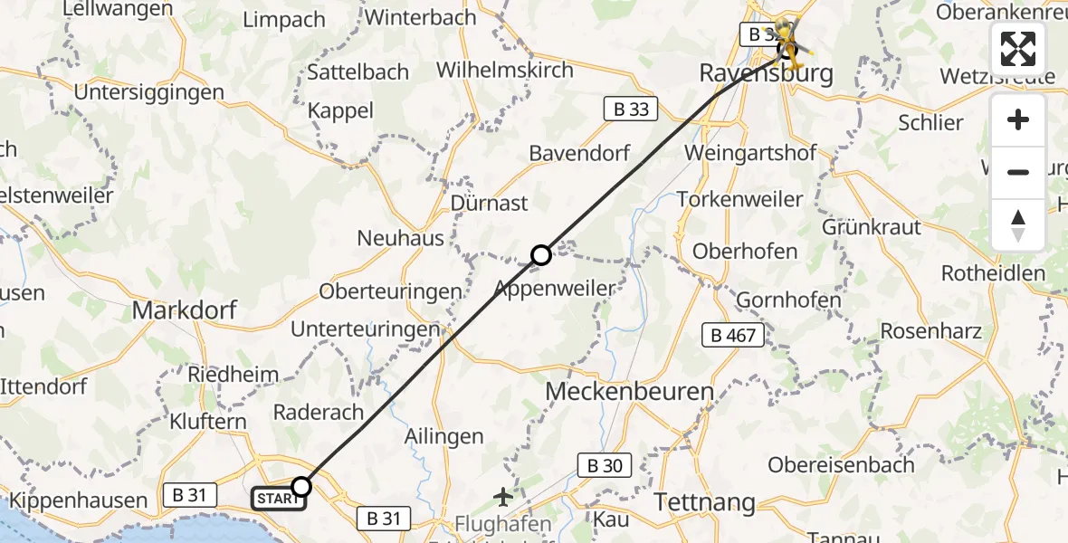 Flugroute Rettungshubschrauber Friedrichshafen Hospital - Sankt Elisabeth Hospital, 21 Juni 2026, 07:50