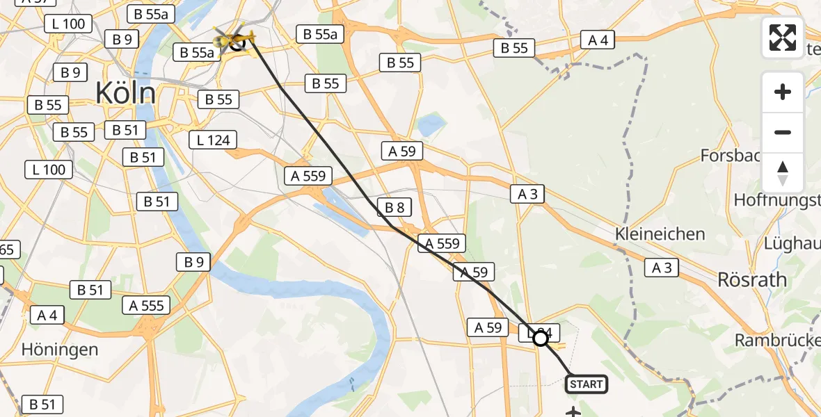 Flugroute Rettungshubschrauber Köln Bonn Flughafen - Kalkberg Hubschrauberlandeplatz, 21 Juni 2026, 07:56