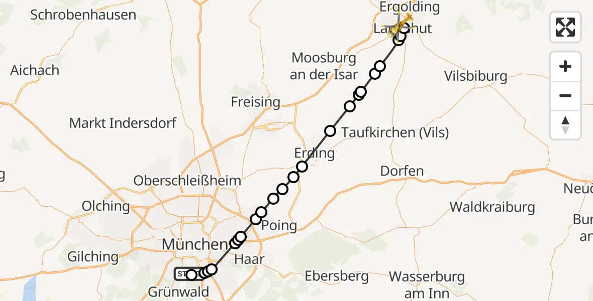 Flugroute Rettungshubschrauber ADAC Air Rescue Center Hubschrauberlandeplatz (Christoph 1) - Landshut, 21 Juni 2026, 07:58