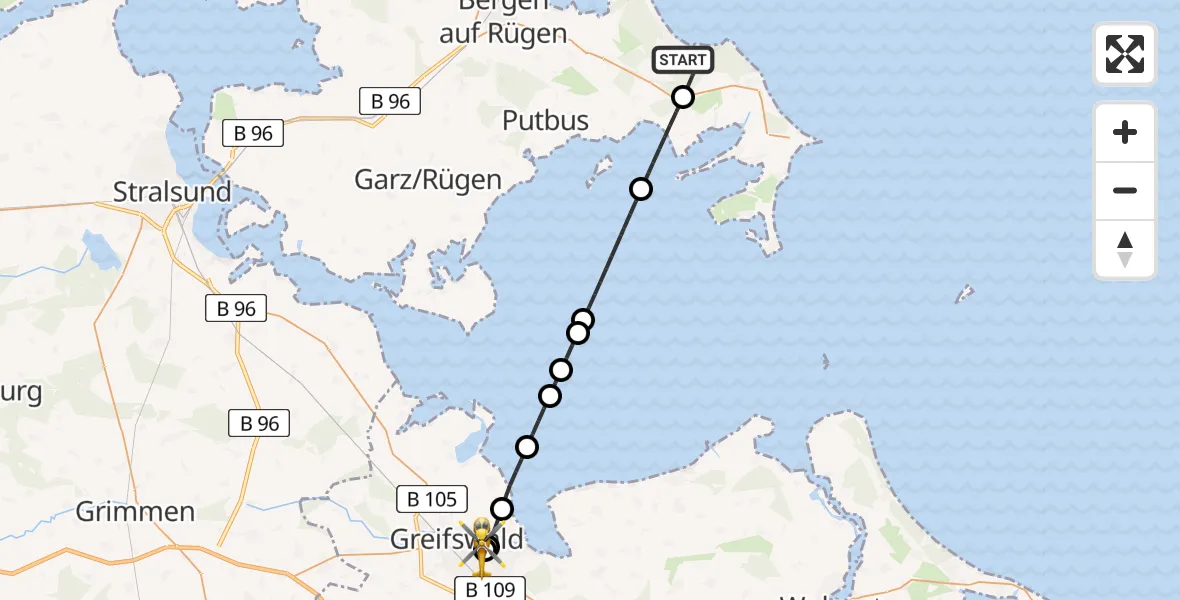 Flugroute Rettungshubschrauber Binz - Greifswald Hospital, 21 Juni 2026, 08:00