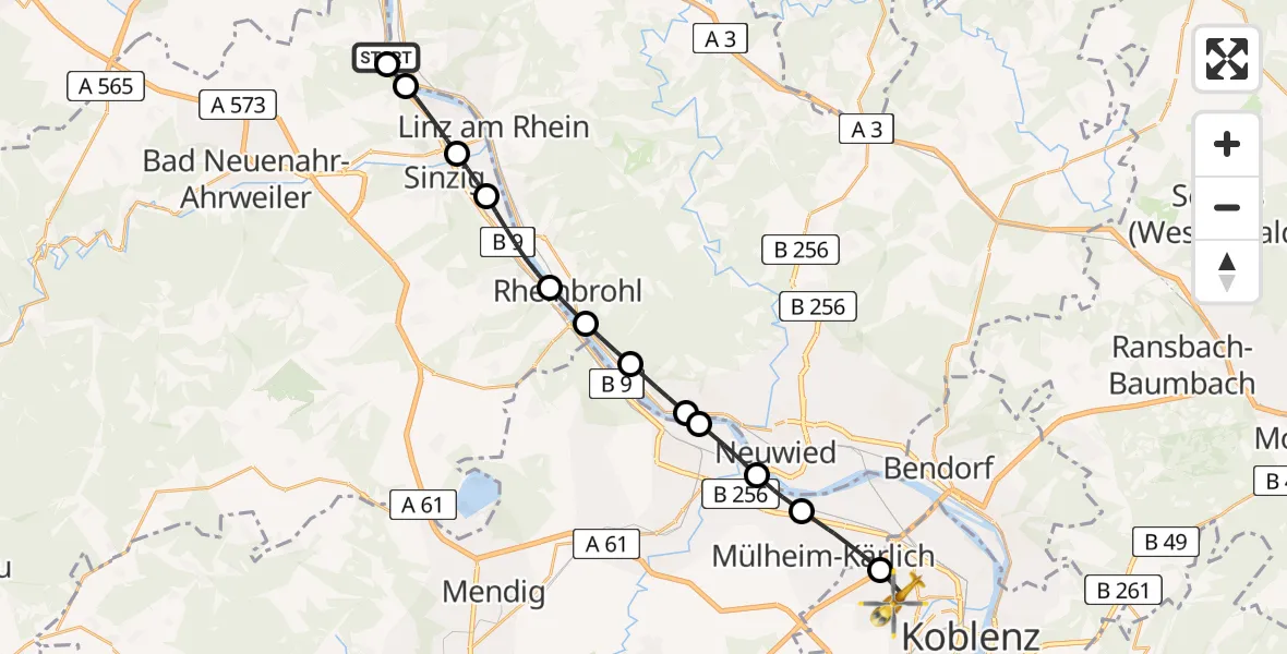 Flugroute Rettungshubschrauber Remagen - Koblenz, 21 Juni 2026, 08:01