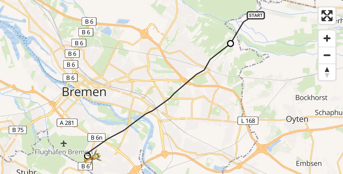 Flugroute Rettungshubschrauber Ottersberg - ADAC Air Rescue Station Bremen Hubschrauberlandeplatz (Christoph 6), 21 Juni 2026, 08:07