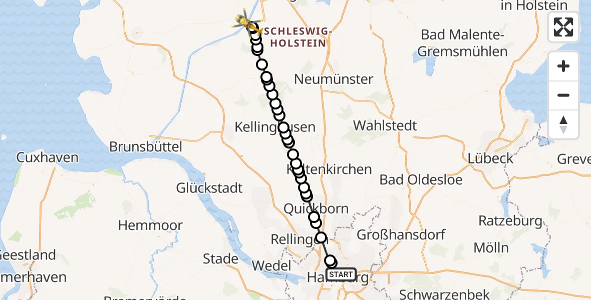 Flugroute Rettungshubschrauber Hamburg - Rendsburg-Schachtholm Flugplatz, 21 Juni 2026, 08:08