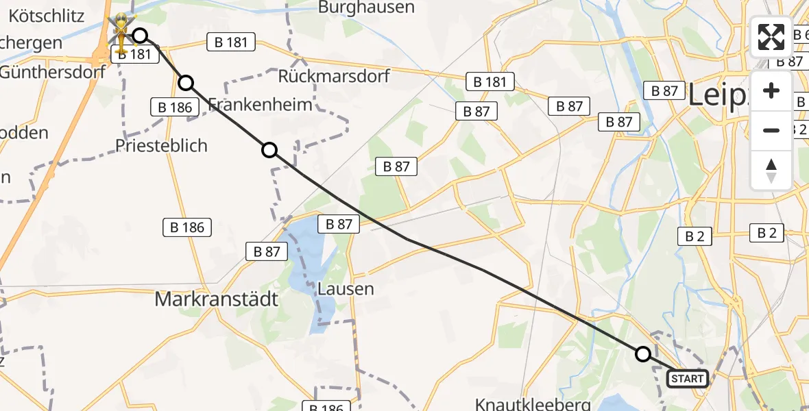 Flugroute Rettungshubschrauber Markkleeberg - ADAC Air Rescue Station Leipzig/Schkeuditz-Dölzig Hubschrauberlandeplatz (Christoph 61), 21 Juni 2026, 08:08