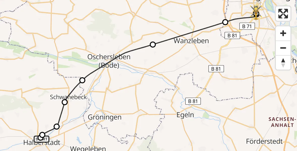 Flugroute Rettungshubschrauber AMEOS Hospital Sankt Salvator Halberstadt - Magdeburg, 21 Juni 2026, 08:11