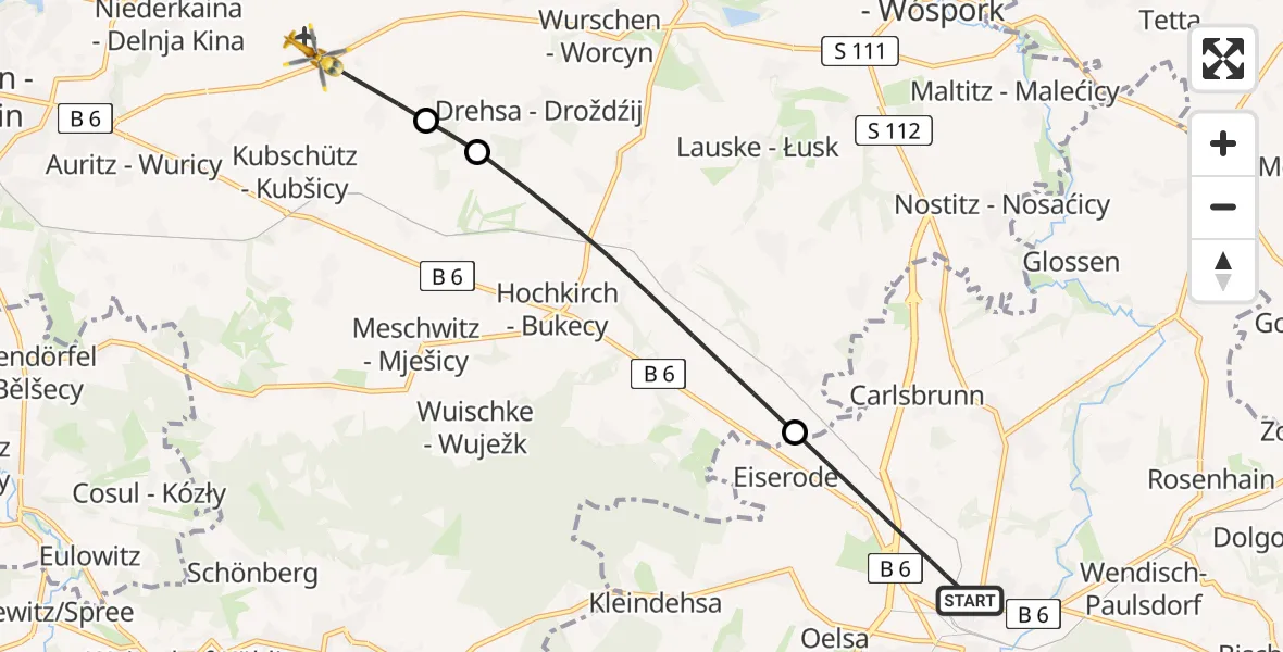 Flugroute Rettungshubschrauber Löbau - Kubschütz, 21 Juni 2026, 08:23