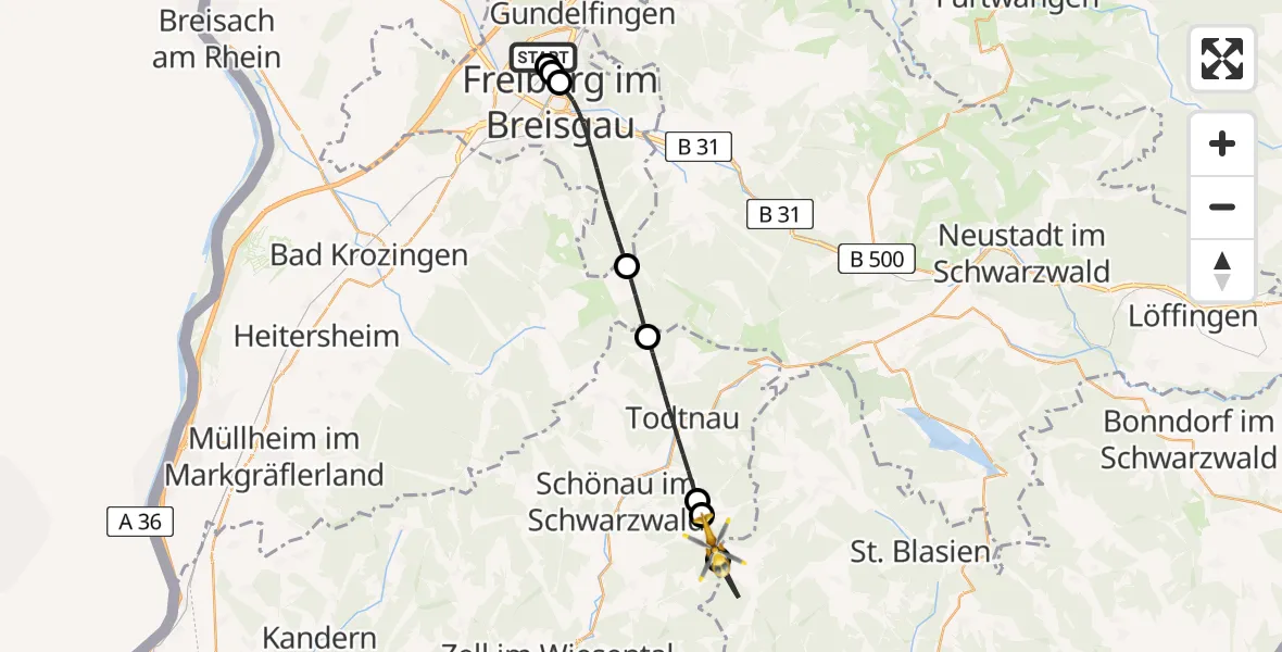 Flugroute Ambulanzhubschrauber Freiburg im Breisgau Flugplatz - Todtnau, 21 Juni 2026, 08:23