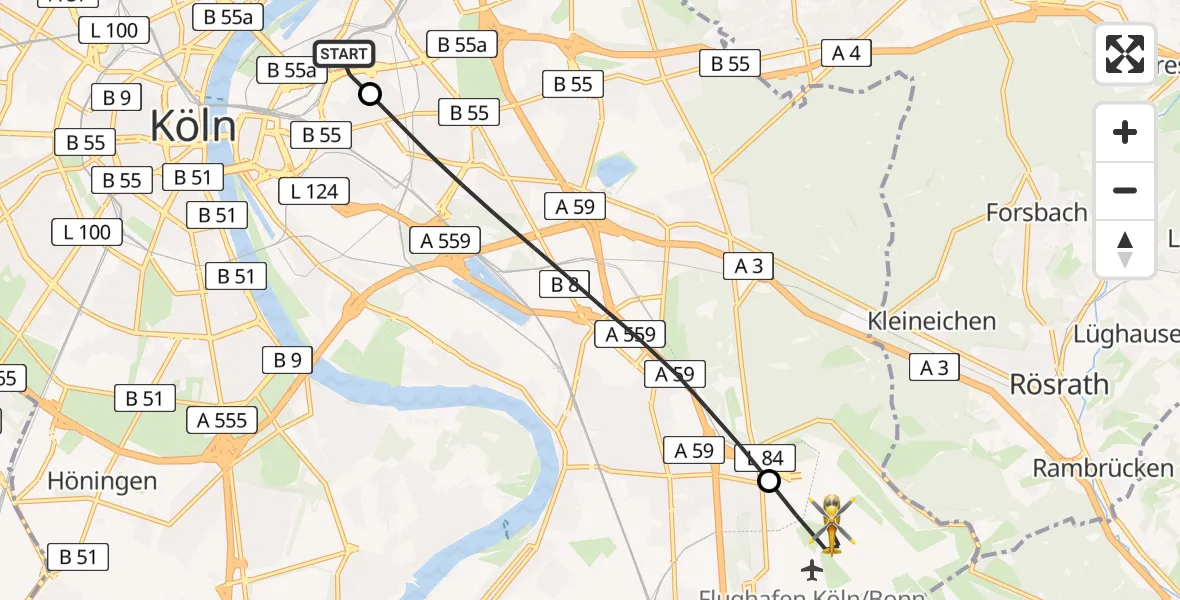 Flugroute Rettungshubschrauber Kalkberg Hubschrauberlandeplatz - Köln Bonn Flughafen, 21 Juni 2026, 08:26