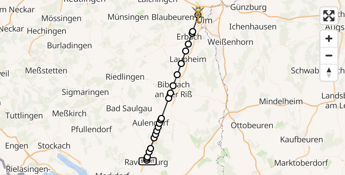 Flugroute Rettungshubschrauber Sankt Elisabeth Hospital - Ulm Military Hospital Emergency Hubschrauberlandeplatz, 21 Juni 2026, 08:28