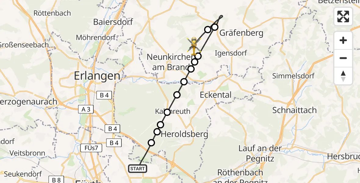 Flugroute Rettungshubschrauber Flughafen Nuremberg - Neunkirchen a.Brand, 21 Juni 2026, 08:29