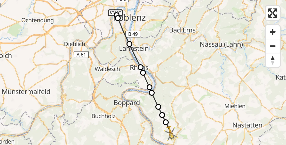 Flugroute Rettungshubschrauber Koblenz - Prath, 21 Juni 2026, 08:31