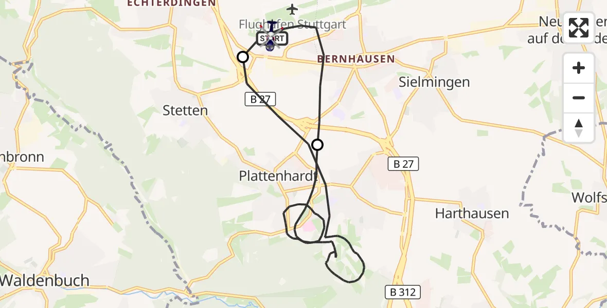 Flugroute Polizeihubschrauber Flughafen Stuttgart - Flughafen Stuttgart, 21 Juni 2026, 08:36
